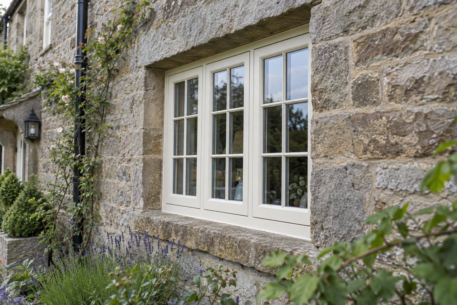 Cream cottage window with glazing bars set into a stone wall