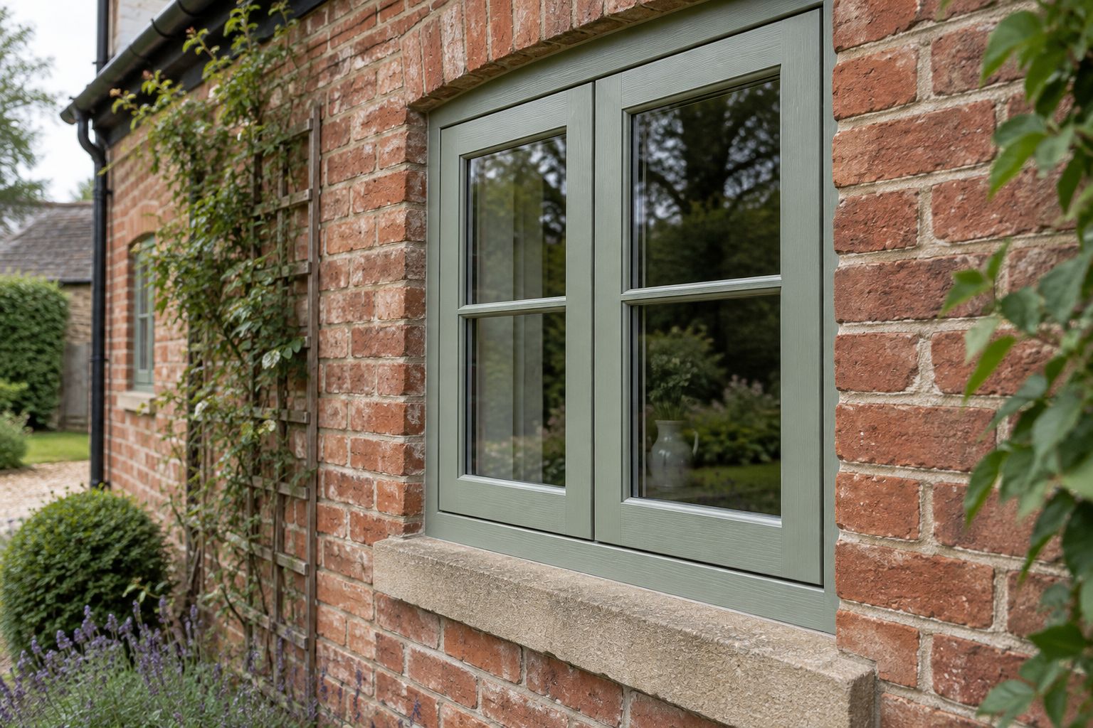 Sage-green flush casement with level sash and frame faces in red brickwork