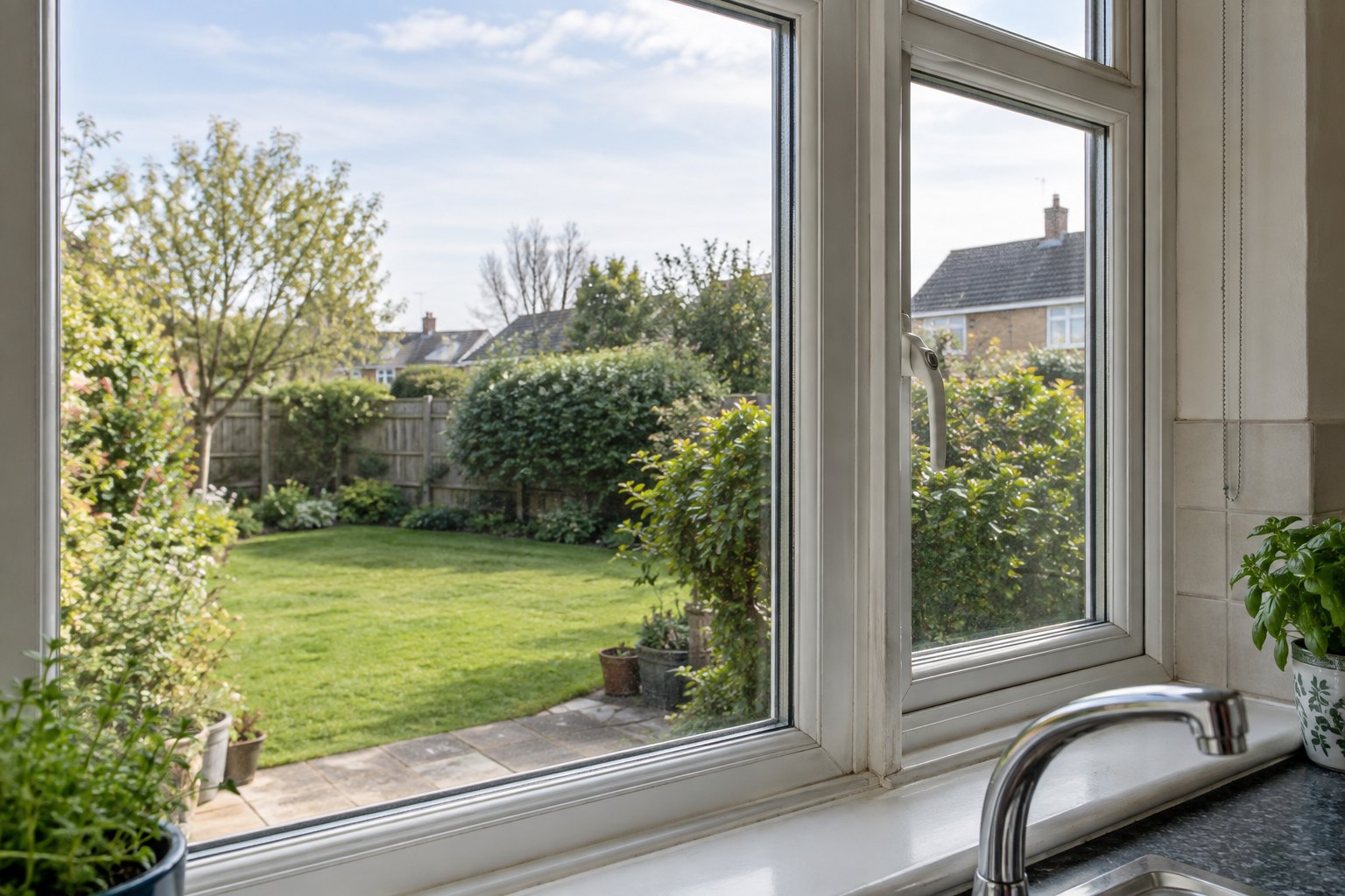 Clear double-glazed unit retained within an older white kitchen window frame