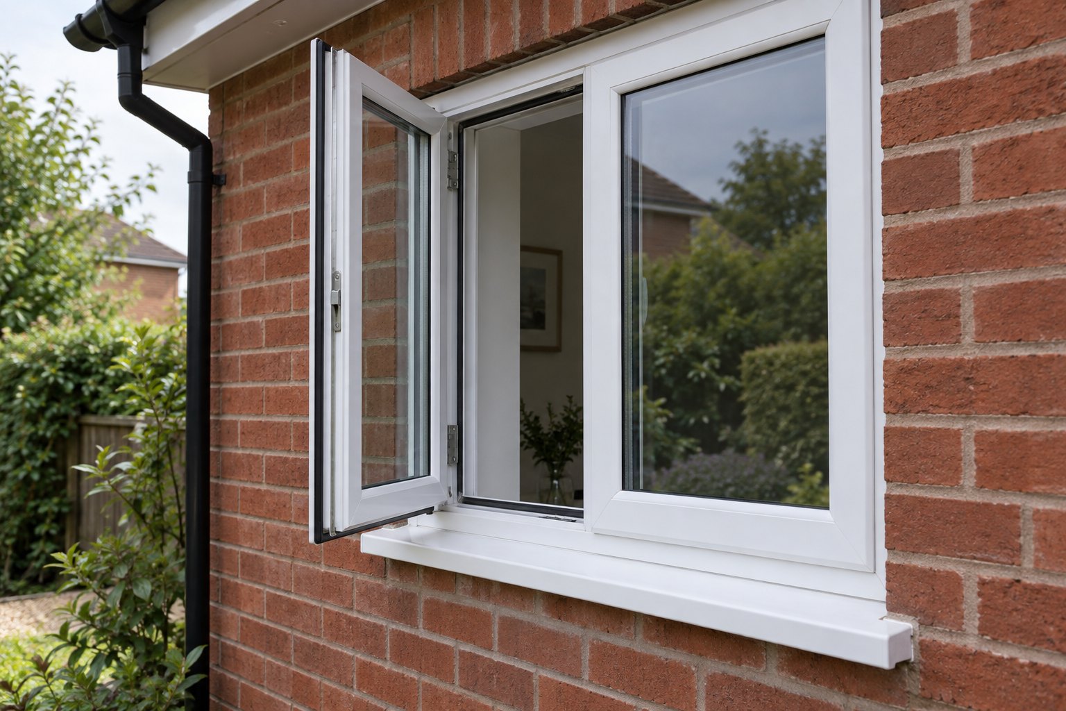 White side-hung casement open beside a fixed pane in a brick wall