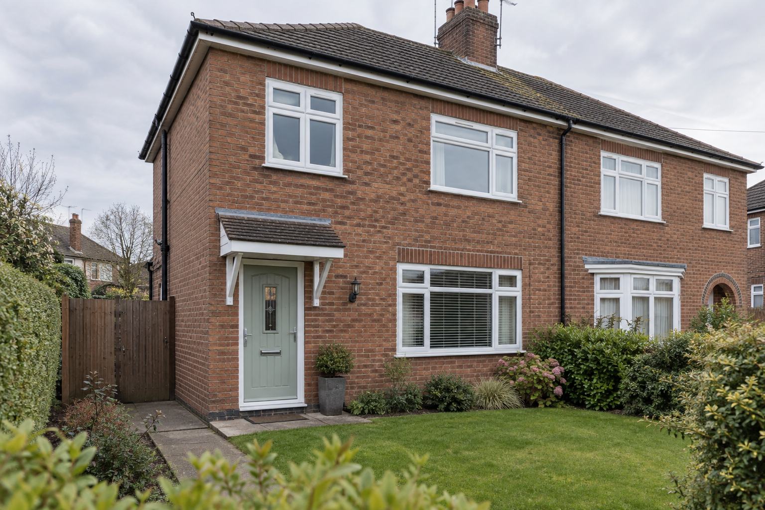 Red-brick semi-detached house with white casement windows and a front garden