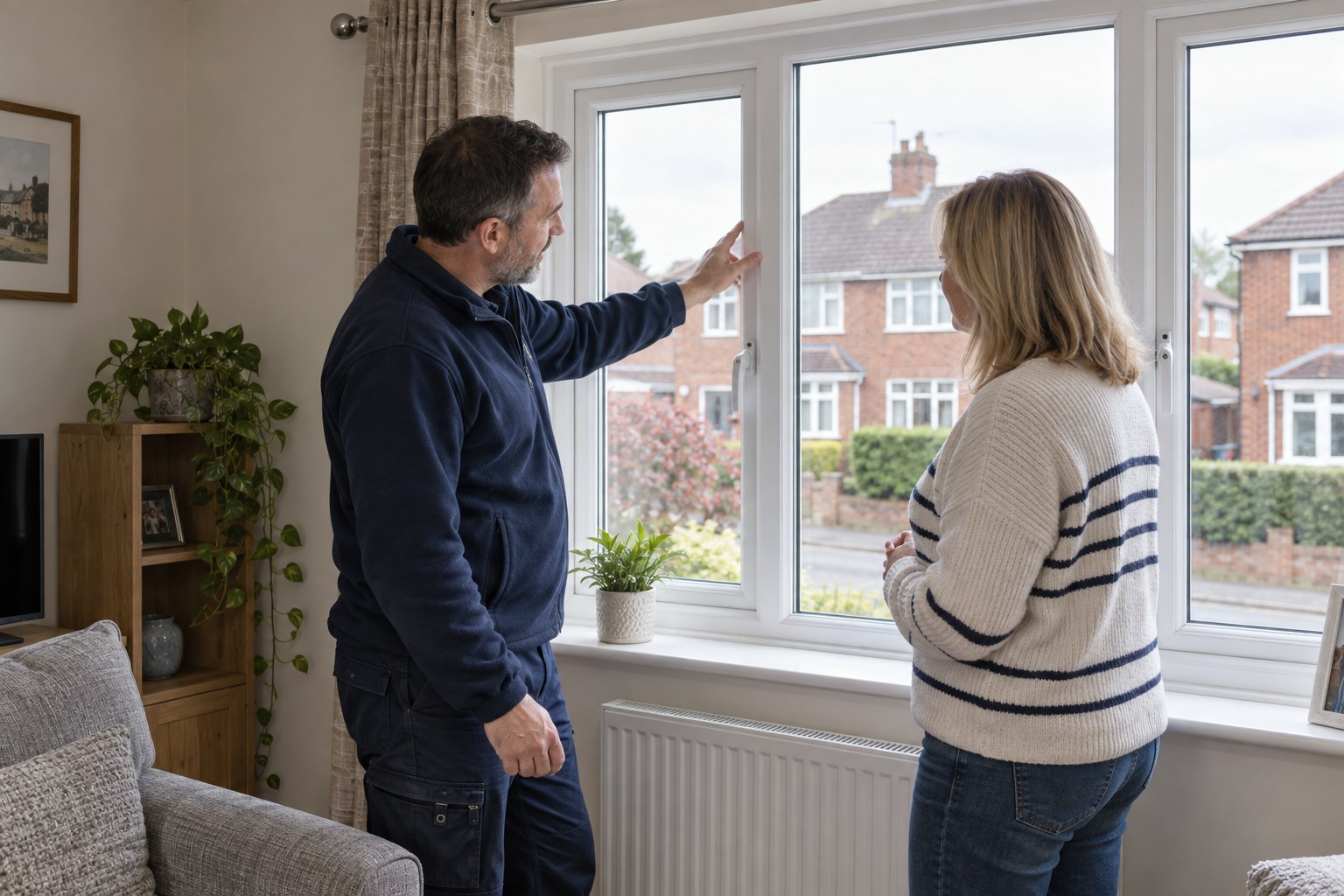 Surveyor discussing a white casement window with a homeowner