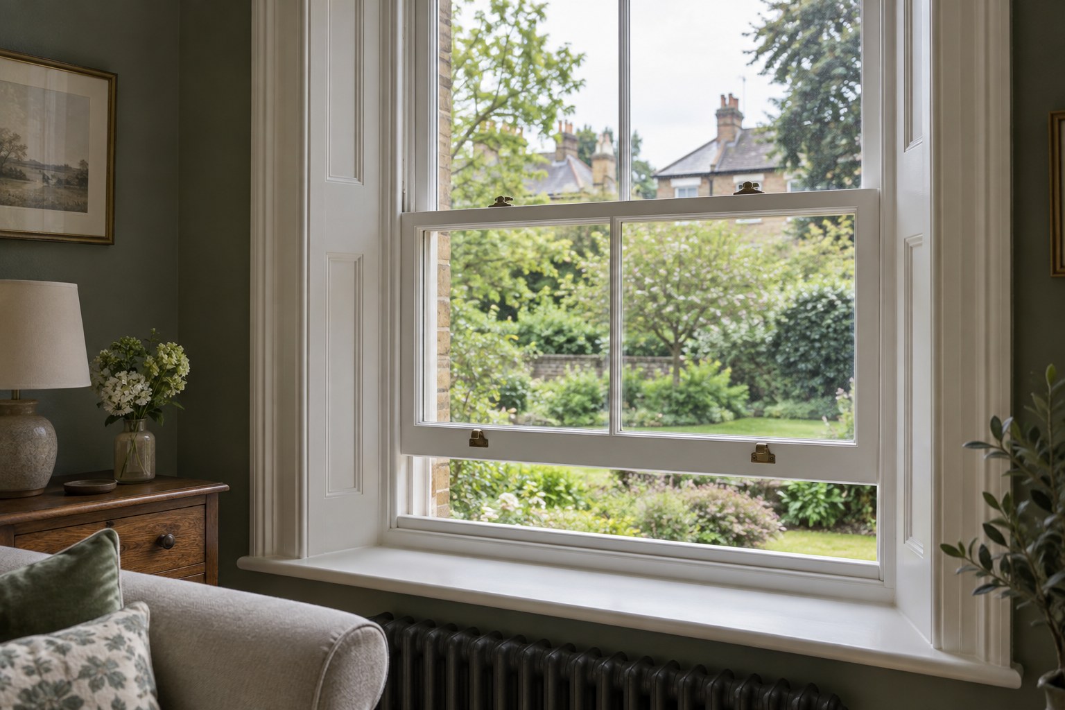 White timber sliding sash with the lower sash raised above a window board
