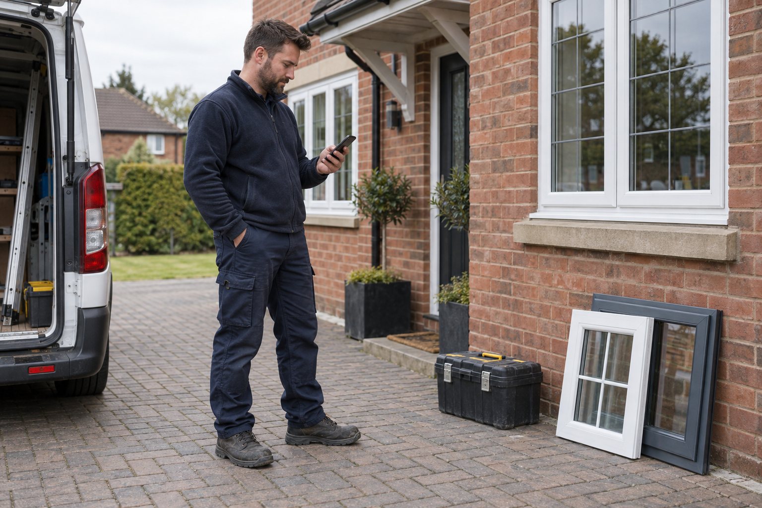 Window installer checking a phone beside a toolbox and window samples