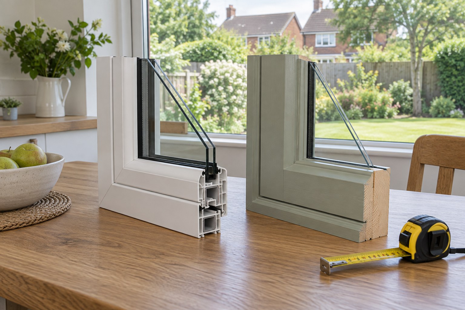 White uPVC and painted timber window samples on a kitchen table